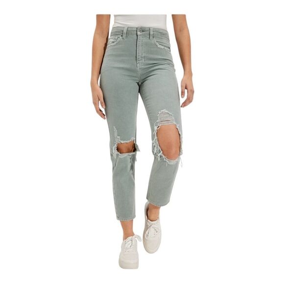 American Eagle Outfitters Womens Dusty Sage Ripped Mom Straight Jean 12 Long EUC - Picture 1 of 11
